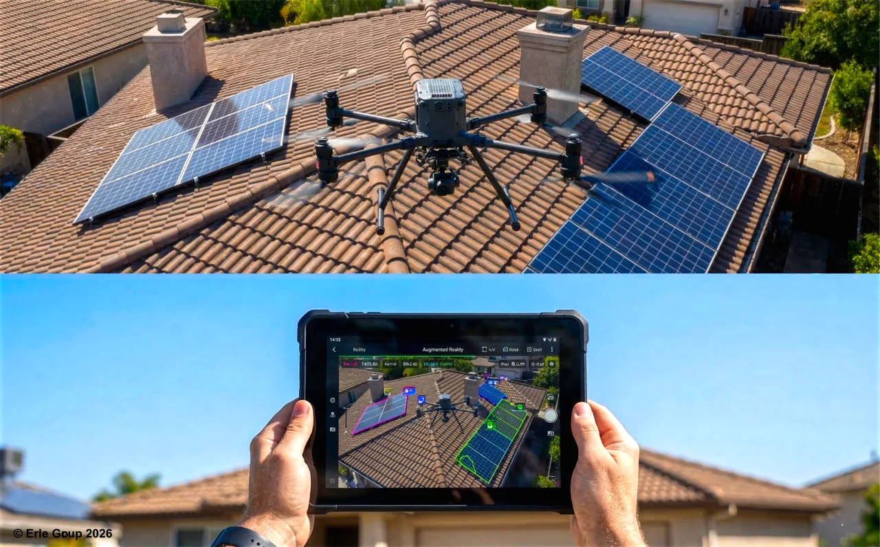 Drohne inspiziert ein Dach, KI markiert automatisch Schäden